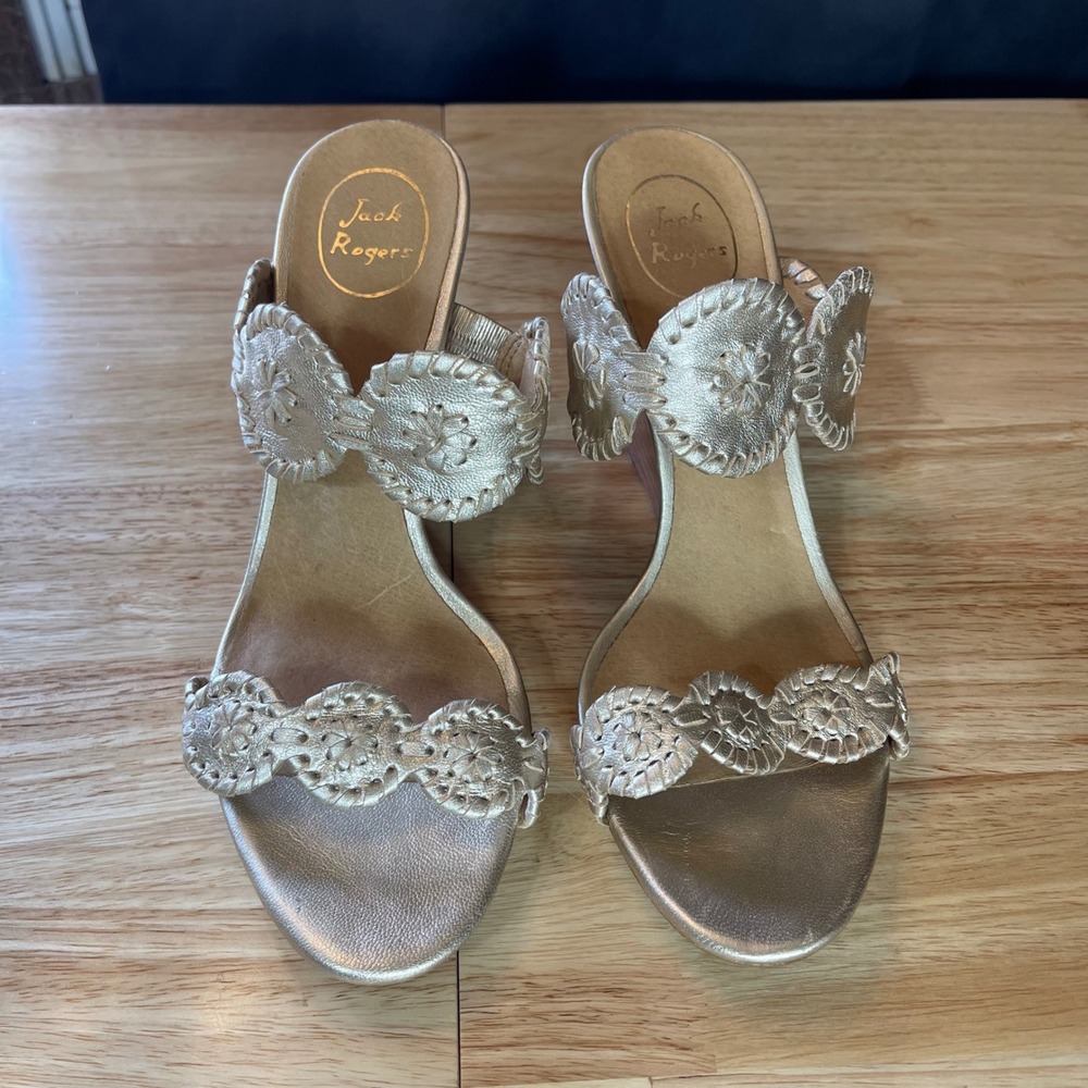 Jack Rogers Gold Metallic‎ Leather Whipstitch Rondelle Wedge Sandals Womens 11M